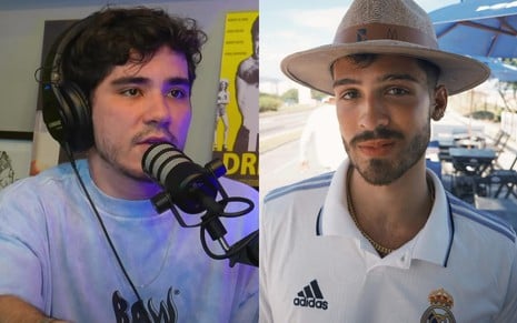 Montagem com uma foto de João Fernandes no podcast ClaCast e outra de João Guilherme