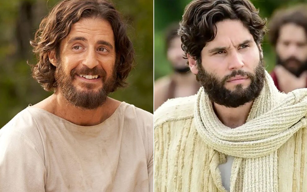 Montagem com Jonathan Roumie como Jesus em The Chosen à esquerda e Dudu Azevedo como Cristo em Jesus da Record à direita