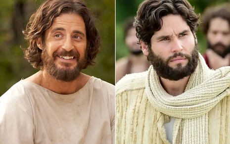 Montagem com Jonathan Roumie como Jesus em The Chosen à esquerda e Dudu Azevedo como Cristo em Jesus da Record à direita