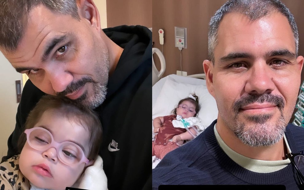 Montagem com duas fotos de Juliano Cazarré e a filha; em uma ele a abraça; em outra ela aparece deitada na maca de hospital, enquanto ele dá um leve sorriso