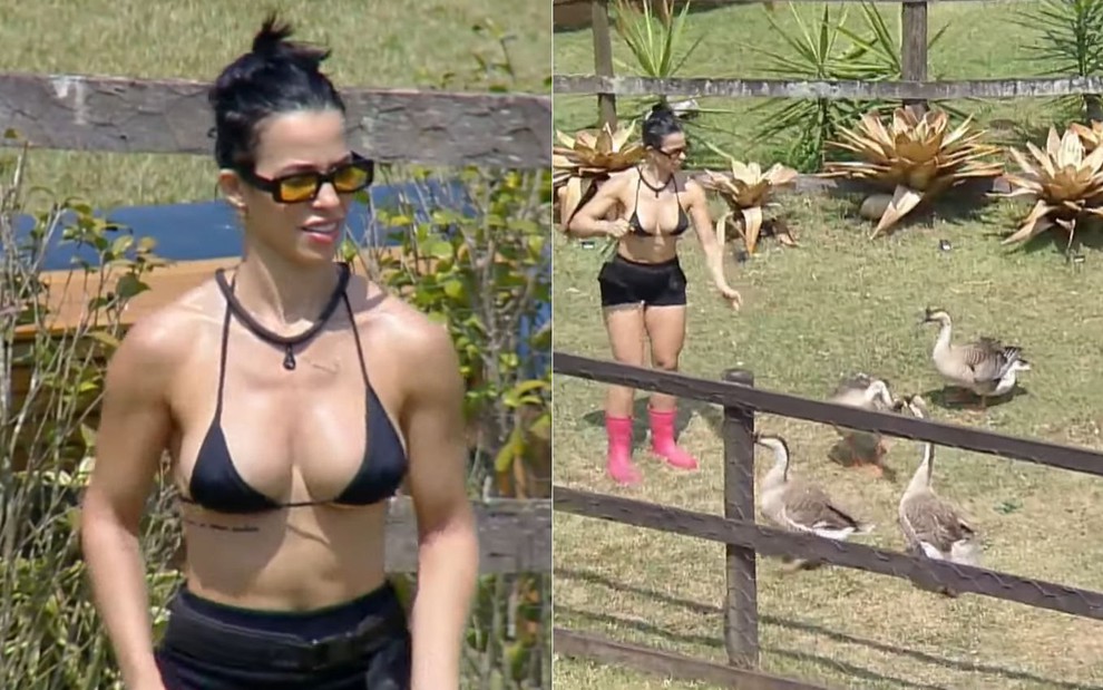 Larissa Tomásia dá comida para patos em A Fazenda 16