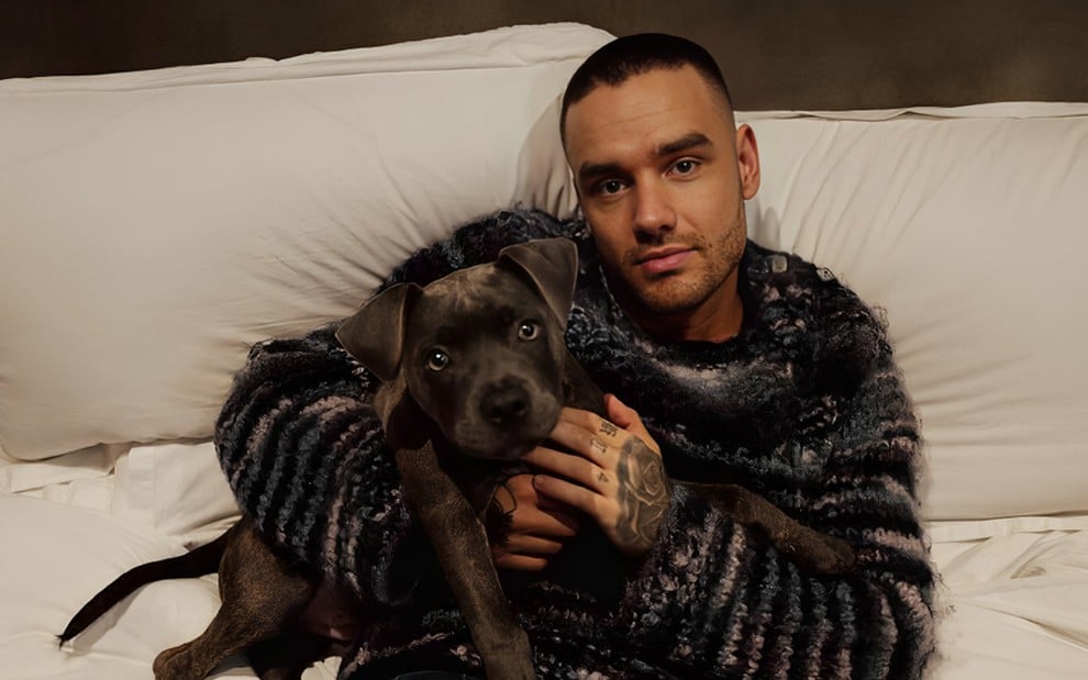 Um homem de cabelos curtos, barba por fazer, segura um filhote de cachorro de cor cinza escuro, sentado em uma cama com almofadas brancas.