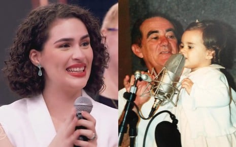 Montagem com uma foto de Lívian Aragão sorridente no Domingão e outra de ela ainda bebê com o pai, Renato Aragão, num estúdio de voz
