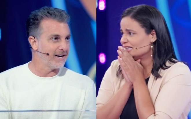 Jullie Dutra abraça Luciano Huck no palco do Domingão com Huck