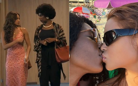 Montagem: Lucy Alves e Indira Nascimento andam lado a lado em cena da novela Travessia (2022); as duas se beijam em foto do Instagram