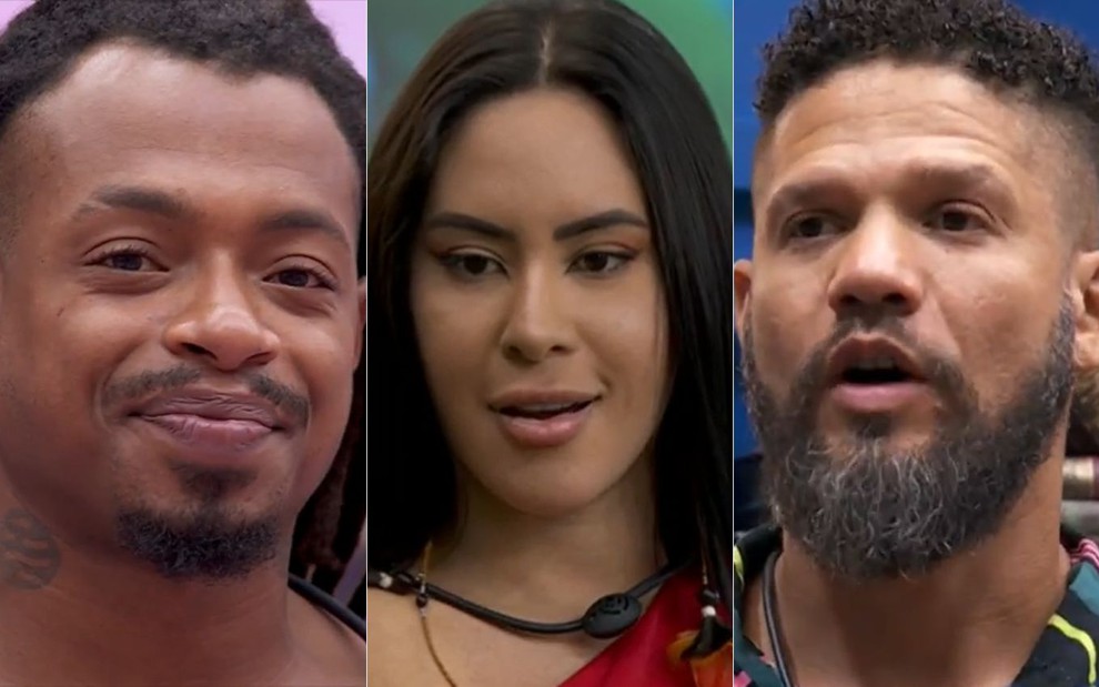 Montagem com foto de Luigi, Isabelle e Juninho no BBB 24