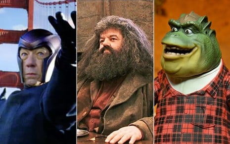 Montagem com Magneto dos X-Men à esquerda, Robbie Coltrane como Hagrid em Harry Potter ao centro e Dino de Família Dinossauro à direita