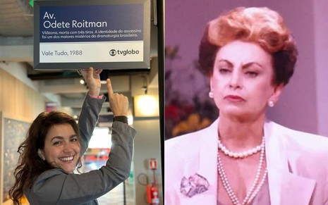 Montagem: Na primeira imagem, Manuela Dias aponta para placa com nome de Odete Roitman; na segunda foto, Beatriz Segall está séria em cena da novela Vale Tudo