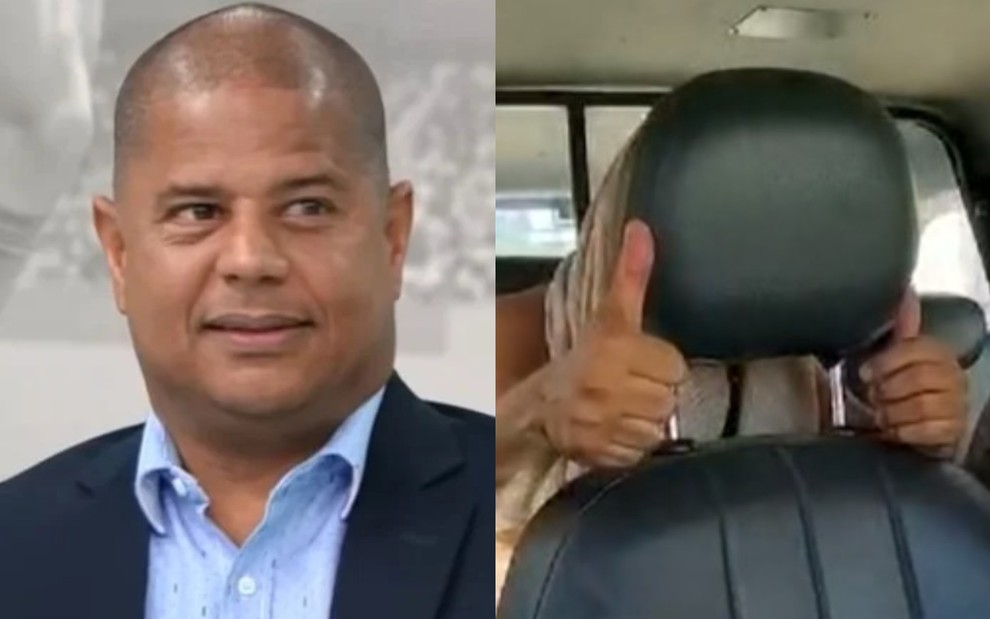 Marcelinho Carioca na Globo (à direita); e atrás do banco de uma viatura, com os polegares erguidos (à esquerda)