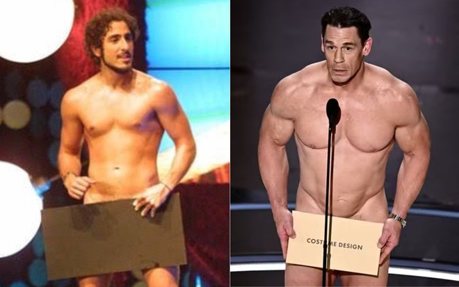 Montagem de Marcos Mion pelado no VMA e o lutador John Cena nu no Oscar 2024; ambos seguram um papel na frente das partes íntimas