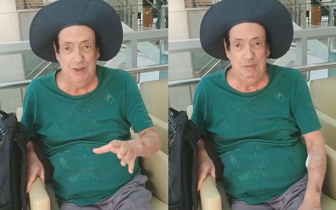 Dois prints de Marcos Oliveira no vídeo em que ele anuncia alta hospitalar; o ator usa uma camiseta verde e um chapéu de abas largas preto