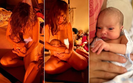 Montagem de fotos Mariana Maffeis com a filha caçula no colo, logo após o seu parto