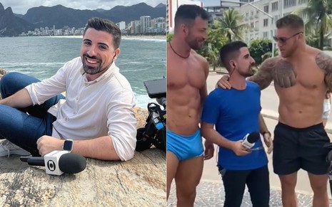 Montagem com foto de Mateus Marques posando na praia e ao lado dos atores pornôs