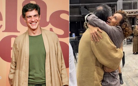 Montagem de fotos de Mateus Solano, que está posando para foto com casaco caramelo e blusa verde; e em outra imagem ele abraça Thalita Carauta e a careca aparece