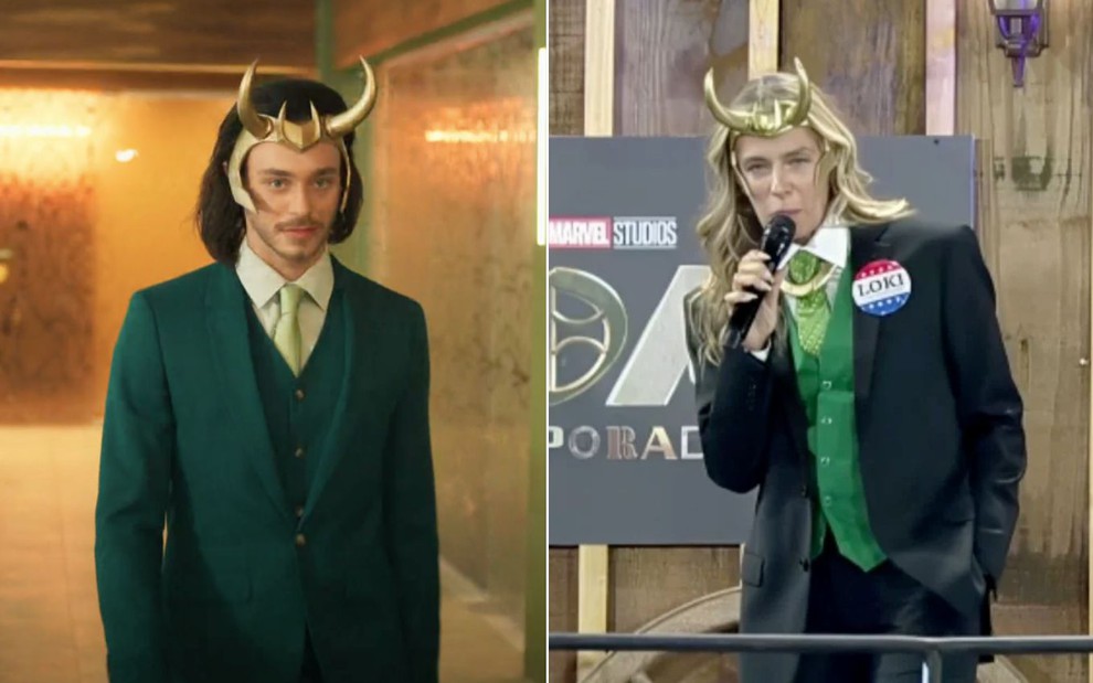 Montagem com Michael Joelsas como Loki em Fuzuê à esquerda e Adriane Galisteu como Loki em A Fazenda à direita