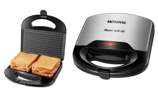 Imagem com fundo branco mostra modelo de sanduicheira antiaderente da marca Mondial na cor preta, de forma fechada e aberta com dois pães dentro