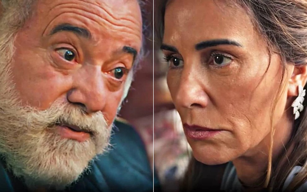 O ator Tony Ramos está caracterizado como Antônio, e Gloria Pires como Irene, em cenas de Terra e Paixão, da Globo