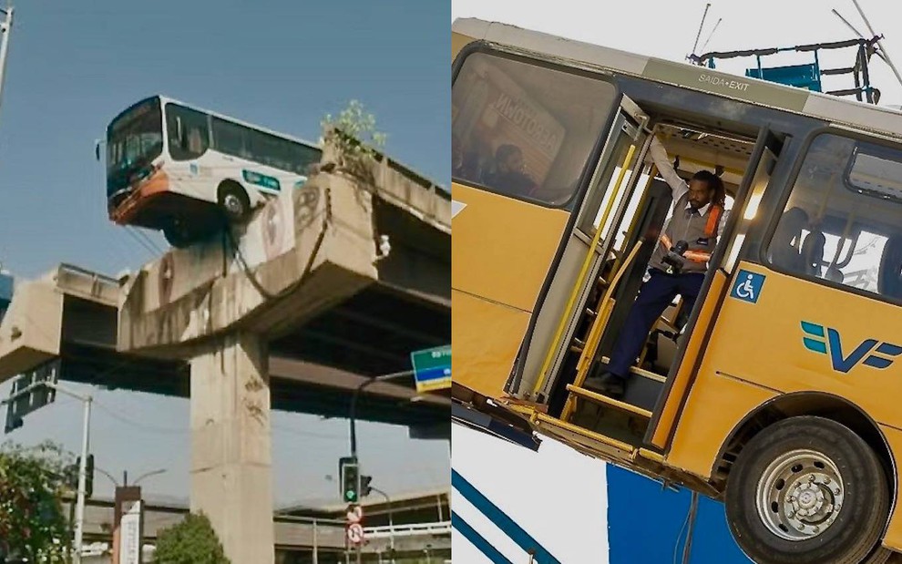 Montagem com imagens de computação gráfica e de ônibus içado em gravação da nova novela das sete da Globo, Volta por Cima