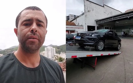 Montagem de foto do motorista Diones Coelho da Silva e o seu carro batido