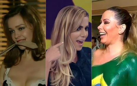 Montagem com fotos de Julia Lemmertz na novela Em Família, Anitta no Domingão e Ju Isen no Carnaval da RedeTV!