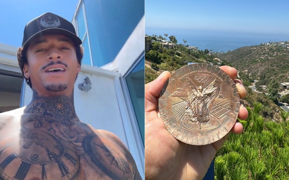 Montagem com fotos de Nyjah Huston e de sua medalha de bronze