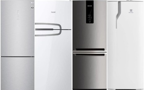 Imagem colorida mostra quatro tipos de geladeiras diferentes, de marcas como: LG, Consul, Brastemp e Electrolux