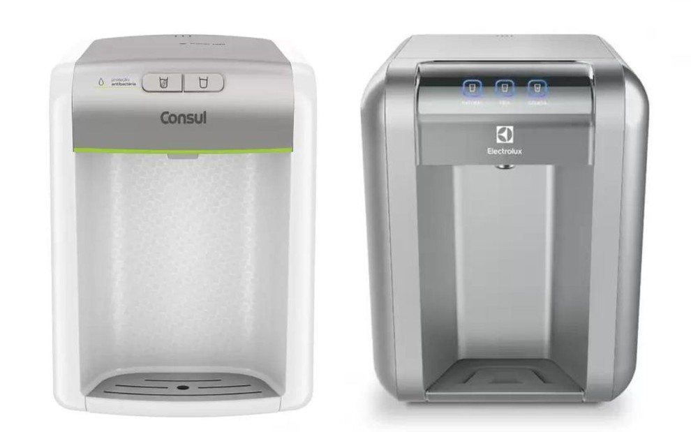 Imagem com fundo branco mostra dois modelos de purificador de água das marcas Consul na cor branca e Electrolux na cor grafite