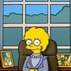 Lisa Simpson no escritório do presidente na Casa Branca com um terno roxo e colar de pérolas