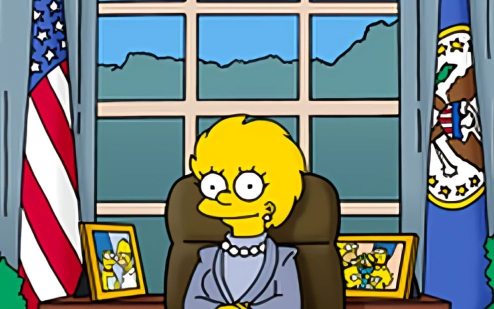 Lisa Simpson no escritório do presidente na Casa Branca com um terno roxo e colar de pérolas
