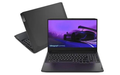 Imagem colorida mostra um notebook Lenovo Ideapad Gaming 3i aberto de frente e de costas