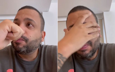 Montagem com duas fotos de Projota chorando em vídeo do Instagram