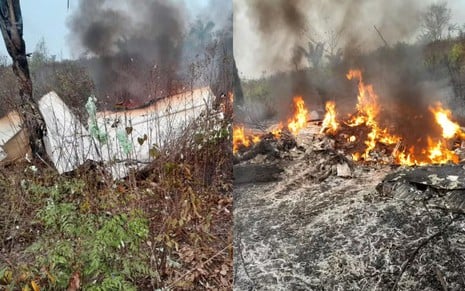 Na montagem: destroços de avião no meio de uma mata (à esquerda); chamas ao redor do avião (à direita)