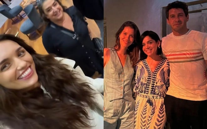 Montagem com duas fotos: na primeira, Rafa Kalimann está na sala VIP de um aeroporto e mostra Grace Gianoukas; na segunda, Nathalia Dill, Sabrina Petraglia e João Baldasserini estão abraçados