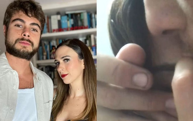 Montagem com uma foto de Rafael Vitti e Tatá Werneck e um print de um vídeo íntimo dos dois. O ator aparece abraçando a amada.
