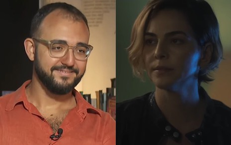 À esquerda, Raphael Montes em entrevista ao programa Trilha de Letras, da TV Brasil. À direita, Tainá Müller como Verônica, de Bom Dia, Verônica