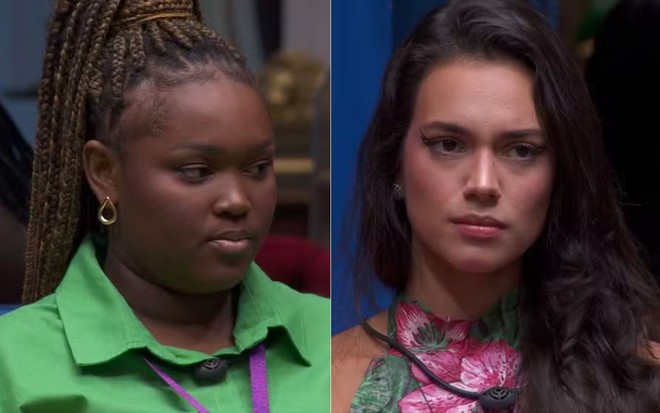 Montagem de Raquele Cardozo e Alane Dias com expressões sérias na sala do BBB 24