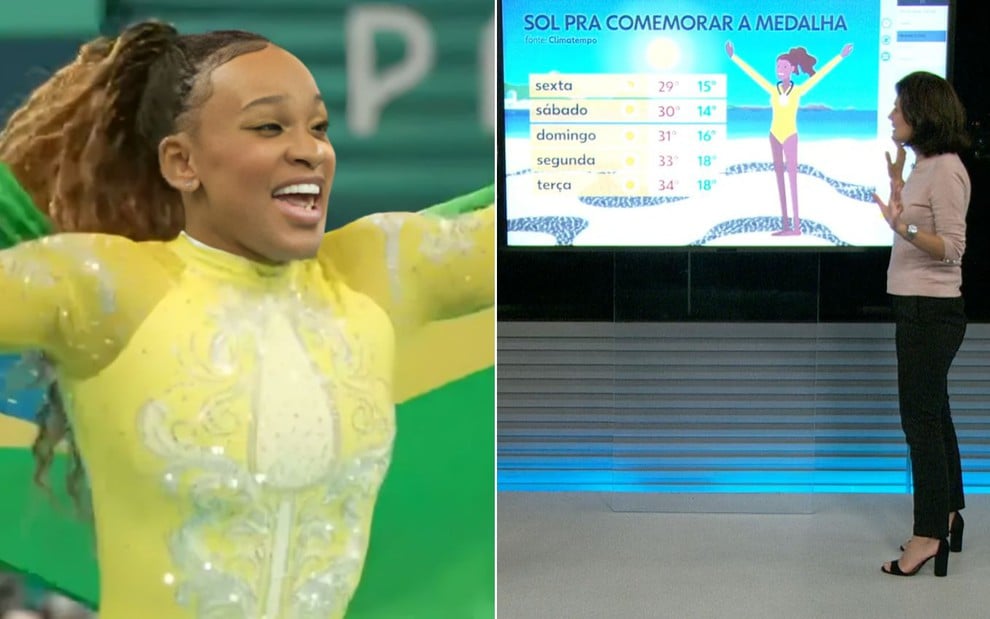 Montagem com Rebeca Andrade à esquerda e a previsão do RJ 2 com um desenho de Rebeca com a medalha de prata à direita