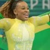 Montagem com Rebeca Andrade à esquerda e a previsão do RJ 2 com um desenho de Rebeca com a medalha de prata à direita