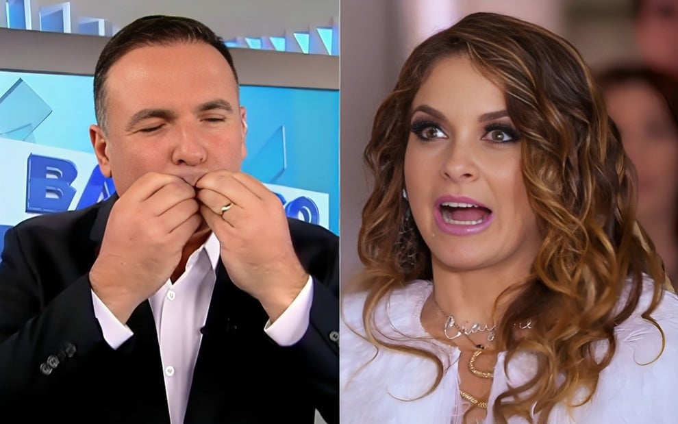 Montagem com fotos de Reinaldo Gottino mandando beijos no Balanço Geral e Claudia Abreu com expressão de choque em cena de Cheias de Charme