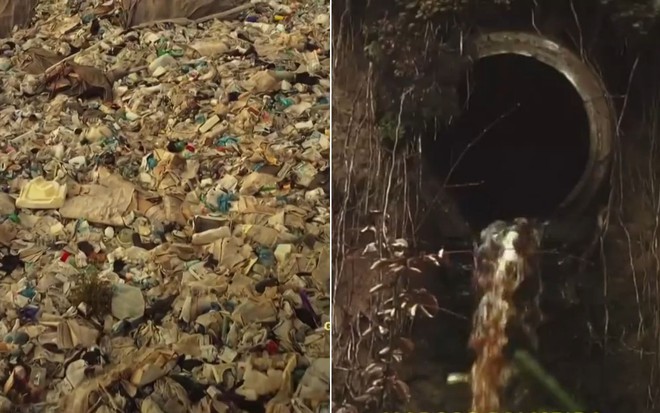 Abertura de Renascer com lixo acumulado na praia e cano de esgoto sendo despejado em um rio