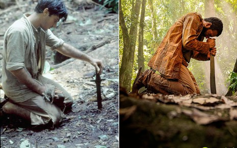 Montagem de fotos de Leonardo Vieira e Humberto Carrão fincando o facão aos pés do jequitibá em cena de Renascer