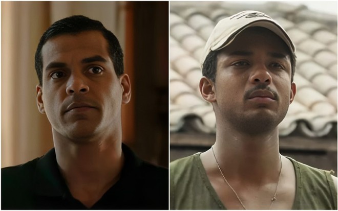 Montagem com fotos dos atores Marcello Melo Jr e Juan paiva, sérios, em Renascer