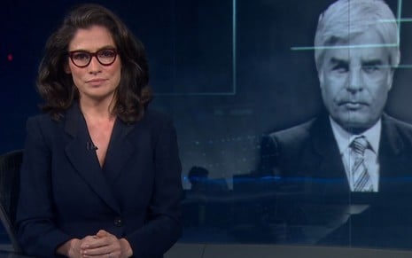 Foto mostra Renata Vasconcellos durante o Jornal Nacional