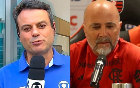 Na montagem: Eric Faria em transmissão na Globo (à esquerda) e Jorge Sampaoli, em coletiva de imprensa (à direita)