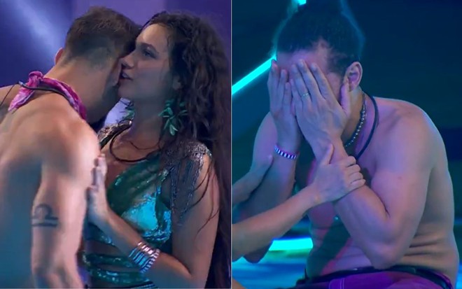 Montagem: primeira foto mostra Alane Dias sussurrando no ouvido de Nizam; na segunda imagem Maycon Cosmer está com as mãos nos rosto chorando