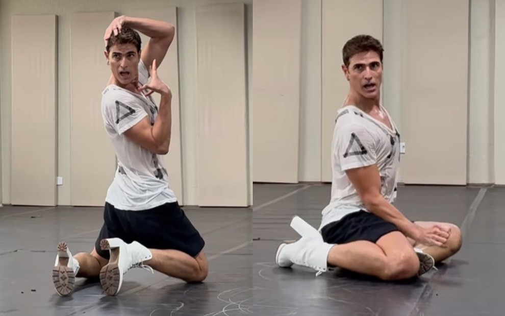 Na montagem: Reynaldo Gianecchini performa coreografia de salto alto