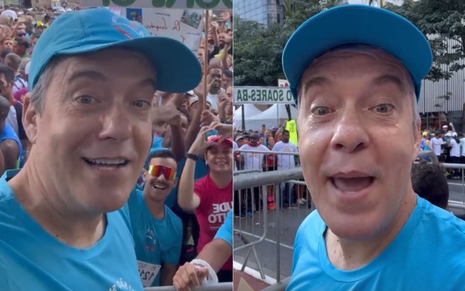 Roberto Kovalick usando camiseta azul e boné azul, na São Silvestre