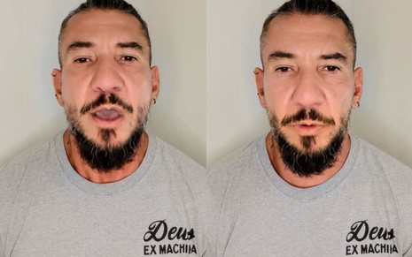 Montagem com dois prints de Rodolfo Abrantes em vídeo de desabafo nas redes sociais; ele usa uma blusa cinza, cavanhaque relativamente longo e bigode