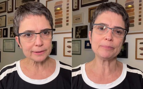 Sandra Annenberg está com expressão séria em dois frames de vídeo do Instagram; ela usa óculos de grau e camiseta preta