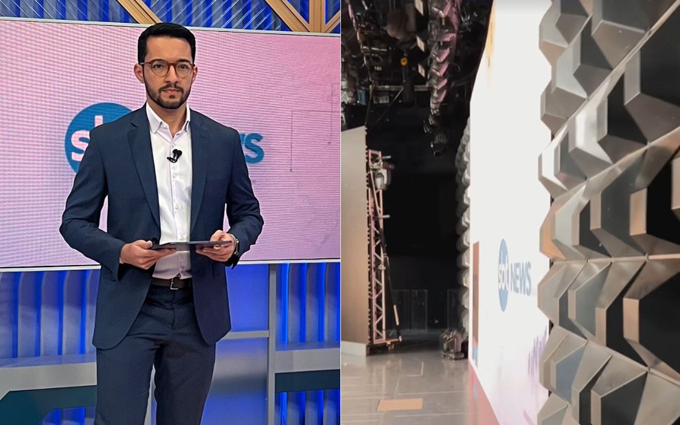 Montagem com fotos de Murilo Fagundes no SBT News na TV e do estúdio do Programa Silvio Santos